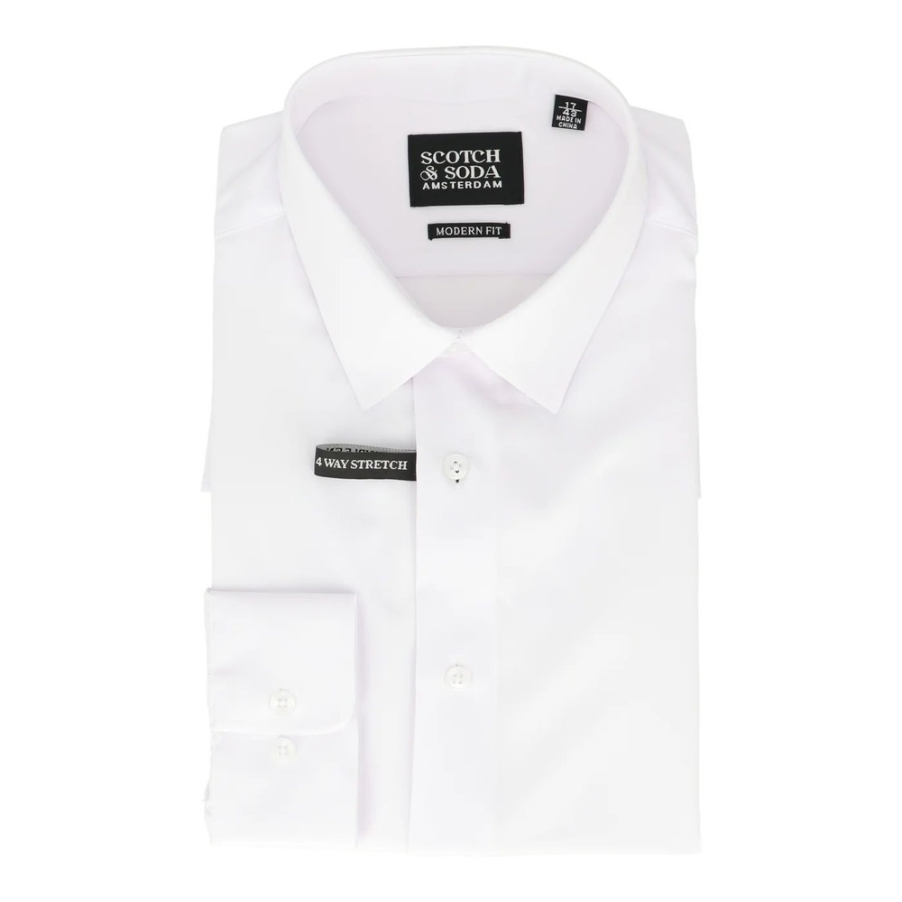 Scotch & Soda Mens Modern Fit 4-Way Stretch Dress Shirt White Long Sleeve 15.5
